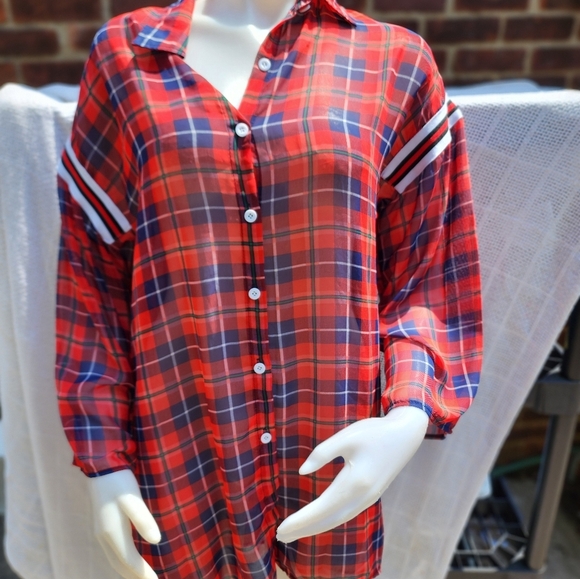 Oversized Sheer Plaid Graphic button down M-XXL..Likely vintage - Picture 13 of 13